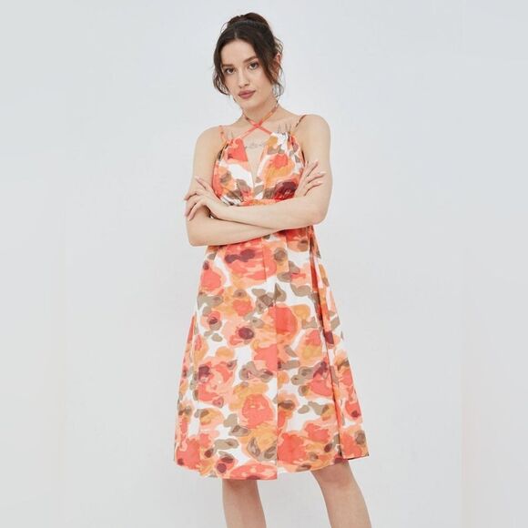 Vero Moda Women's dress VMJOA SL ABK DRESS WVN GA Size S in Orange/White NWT - Picture 1 of 9